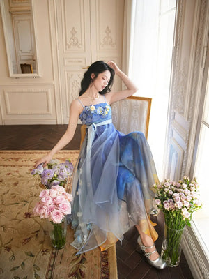 Star & Moon Platycodon – Elegant Qi-Xiong Modern Hanfu Dress with Spaghetti Straps & Embroidery - Yandan_Hanfu