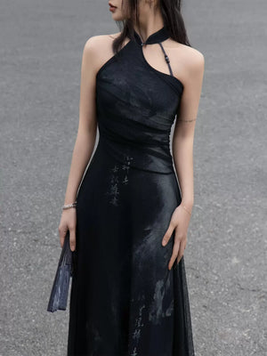 Iris Shadow – Sleeveless Grey Ombre Qipao | New Chinese Style Knitted A-Line Maxi Dress - Yandan_Hanfu