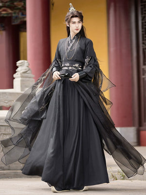 Yun Jue | Unisex Traditional Hanfu Set – Embroidered Cross-Collar Wei-Jin Style with Detachable Sleeves - Yandan_Hanfu