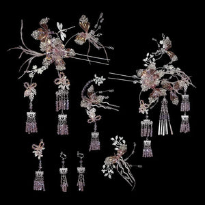 Silver Pink Chinese Bridal Hairpin Set – Elegant Crystal Headpiece for Hanfu & Qipao Wedding - Yandan_Hanfu