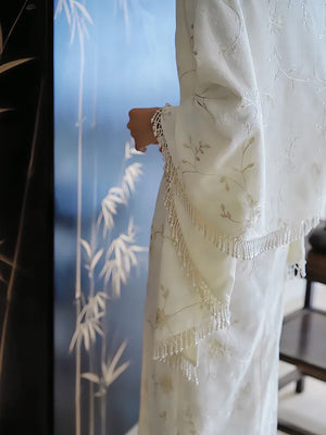"Qianzhi" white embroidered shawl showing thin backless cheongsam bride wedding dress toast engagement - Yandan_Hanfu