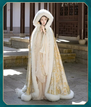 Gold Winter Fur Cape – Hanfu Cloak for Women | Thick, Warm & Elegant Festive Outerwear - Yandan_Hanfu