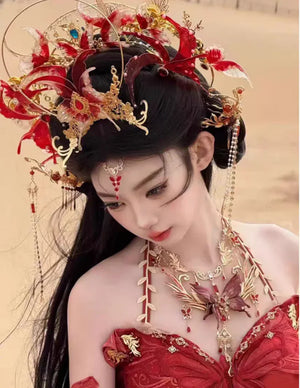 Dunhuang Princess Headpiece Set – Exotic Red Tassel Hair Accessories for Hanfu & Oriental Dance - Yandan_Hanfu