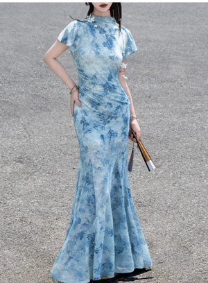 Azure Porcelain – Blue Velvet Mermaid Dress | New Chinese Style Gown with Sheer Mesh and French Elegance - Yandan_Hanfu