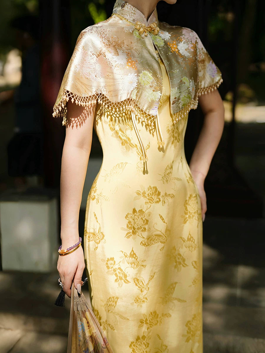 Charmyo Amber Gilt Cloud Shoulder Cheongsam | Silk Brocade Dress
