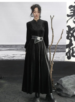 New Chinese Style | Black Lace Dress Women's Stand-up Collar Waist Slimming Long Skirt - Yandan_Hanfu