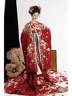 Authentic Tang-Style Bridal Hanfu – Custom Embroidered Red Gown with Flowing Grand Sleeves - Yandan_Hanfu