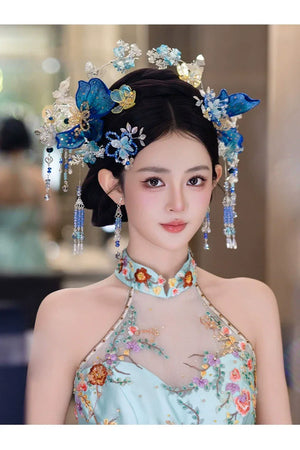 Blue Floral Chinese Bridal Hairpin Set – Elegant Hanfu & Qipao Headpiece for Wedding - Yandan_Hanfu