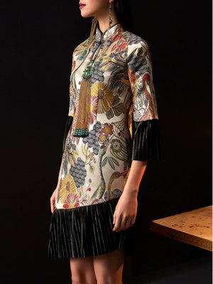 Retro cheongsam splicing velvet split jacquard dress - Yandan_Hanfu