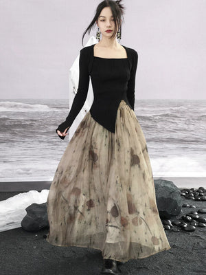 New Chinese style | suit women's early spring sweater fake two piece knitted black & red top - Yandan_Hanfu