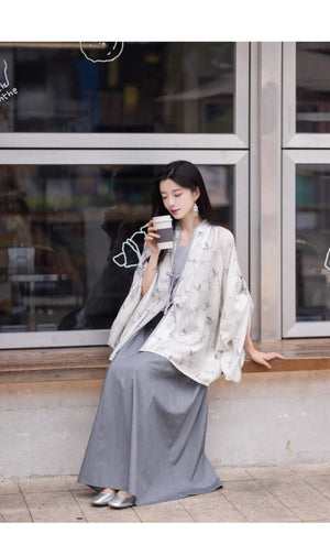 White Dew: Bamboo Shadows & Swallow Whispers – Jin-Style Hanfu Set | Tencel Pleated Robe with Rayon Camisole and Flowing Skirt - Yandan_Hanfu