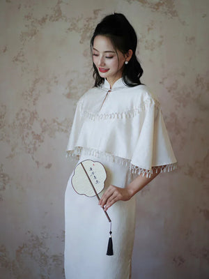 "Xi Zhu" White Dark Pattern Tassel Shawl Cheongsam Bride Wedding Dress Engagement - Yandan_Hanfu