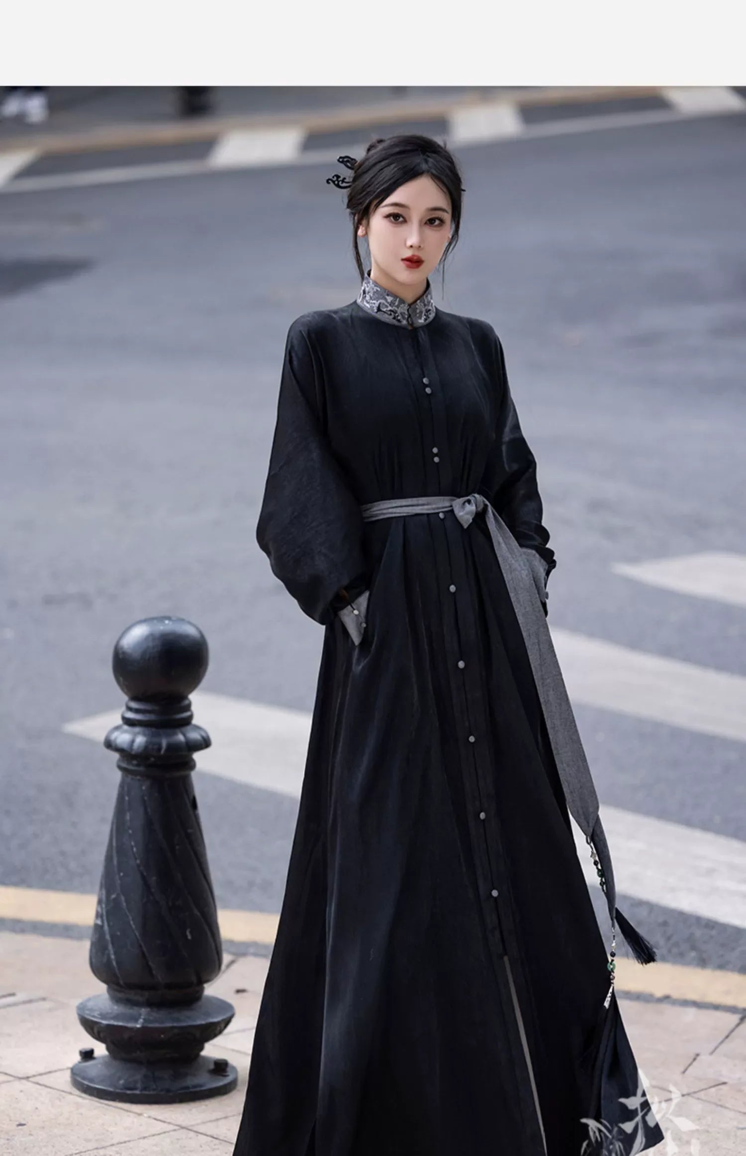 New Chinese style | Everyday stand-up collar dress shirt long skirt - Yandan_Hanfu