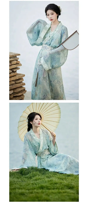 Whisper of Spring – Embroidered Blue Hanfu Dress with Waist Sash | Elegant Straight-Cut Robe in New Chinese Style - Yandan_Hanfu