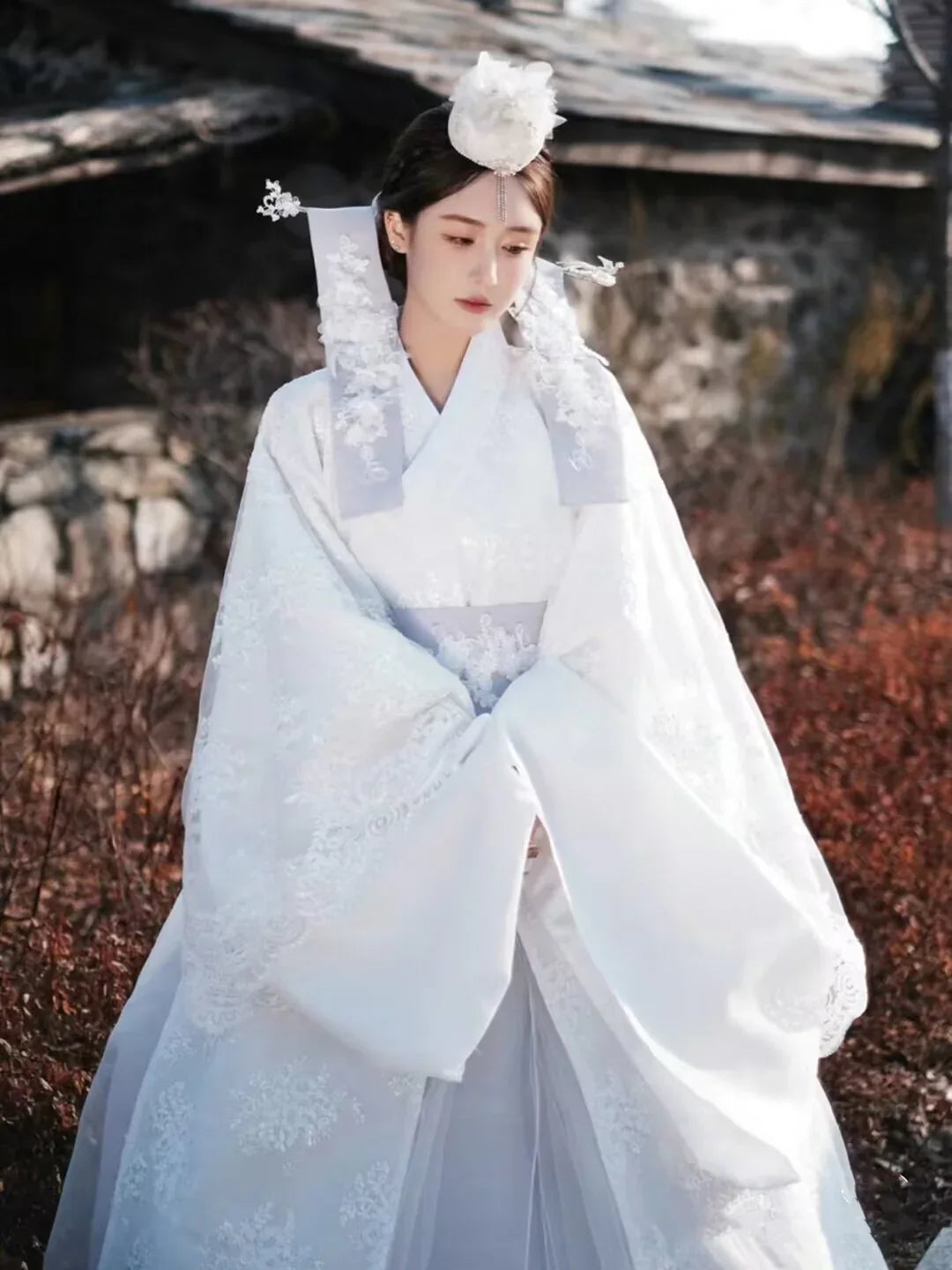 White Yanji Hanbok court dress daily traditional Korean national costume - Yandan_Hanfu