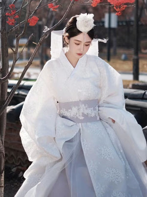 Elegant White Yanji Hanbok court dress featuring wide sleeves and embroidered patterns, ideal for traditional Korean fashion collections.