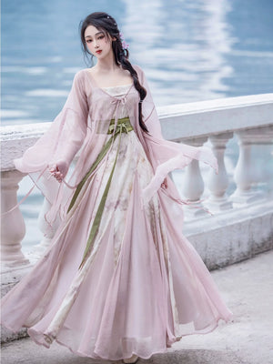 Pink Chinese style Han element dress big pendulum fish tail tattered sleeve fairy energy spring and summer suit - Yandan_Hanfu