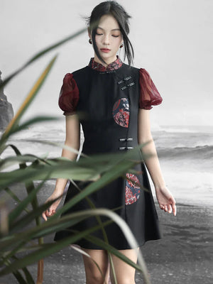 New Chinese style retro sweet and cool bubble sleeve jacquard contrasting color splicing skirt - Yandan_Hanfu