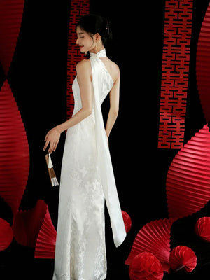 "Pianrou" White Jacquard Ribbon Morning Gown Knot Bridal Toast Dress Engagement Banquet Bar Mitzvah - Yandan_Hanfu