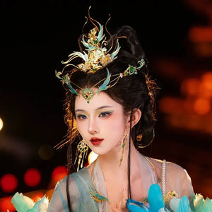 Song of the Peacock Plume – Gold-Plated Hanfu Headdress Set with Tassels & Crown Ornament - Yandan_Hanfu