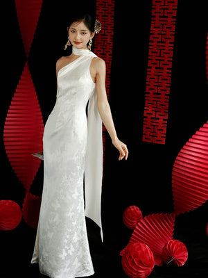 "Pianrou" White Jacquard Ribbon Morning Gown Knot Bridal Toast Dress Engagement Banquet Bar Mitzvah - Yandan_Hanfu