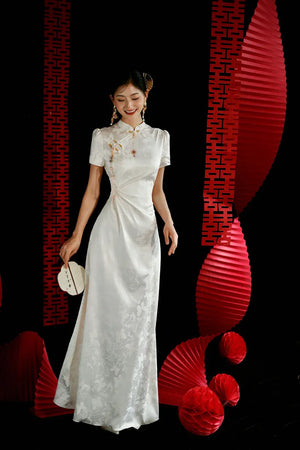 "Kite Butterfly" White Jacquard Cheongsam Bridal Toast Dress Engagement Dress - Yandan_Hanfu