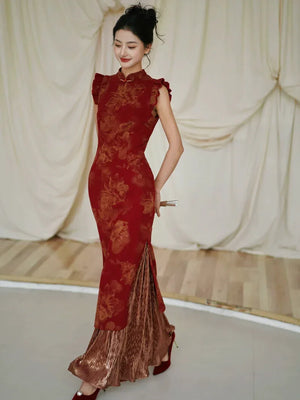 Lotus Step – Red Mermaid Qipao for Wedding, Engagement & Tea Ceremony - Yandan_Hanfu