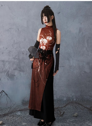 Scarlet Orchid – High-Slit Qipao Dress | Red Mandarin Collar New Chinese Style Slim Fit Gown - Yandan_Hanfu