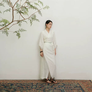 Realm of White – Yunshang Dress | Tibetan-Inspired New Chinese Style V-Neck White Gown - Yandan_Hanfu