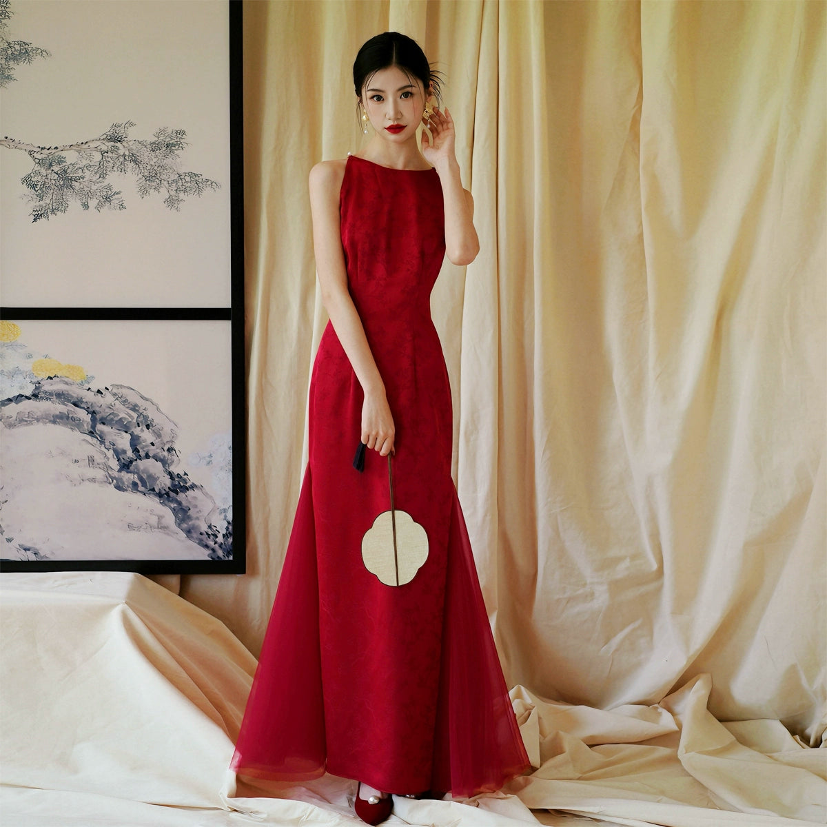 "Happy hairpin" red yarn original improved cheongsam bridal wedding dress toasting dress engagement