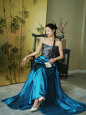 "Sparrow" Jacquard tube bride trailing wedding wedding dress toasting dress engagement - Yandan_Hanfu