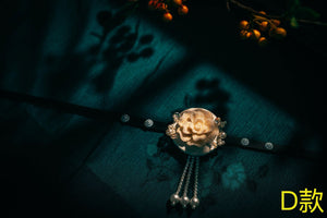 D-style Korean traditional headgear with cream rose and pearl tassels, elegant accessory for hanbok and cultural ceremonies.