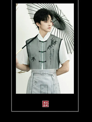 Unisex Modern Grey Hanfu Set – Cross-Collar Jacket with Brocade Ma Mian Skirt - Yandan_Hanfu