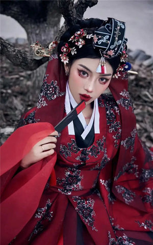 Red princess hanbok wedding dress for women – modern Korean palace-style traditional bridal gown with flowing skirt, ideal for photoshoots, events, and cultural ceremonies