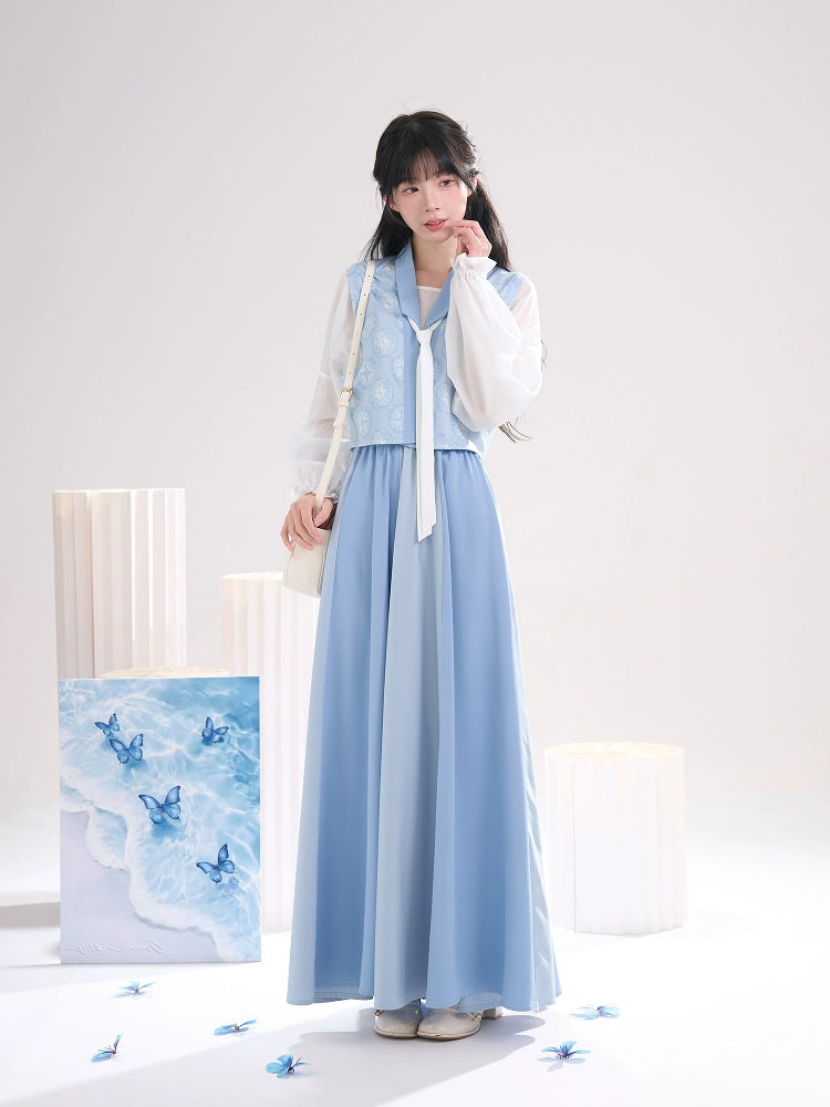 Sea Salt Sky Blue – Elegant Tang-Inspired Modern Hanfu with Long-Sleeve Top & Flowing Skirt