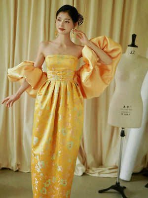"Yunjing" yellow jacquard pregnant woman cheongsam bride toast dress - Yandan_Hanfu