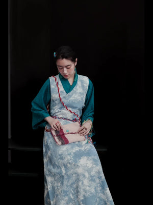 Ink-Dye V-Neck A-Line Dress – Modern Hanfu Silhouette with Tibetan-Inspired Details - Yandan_Hanfu