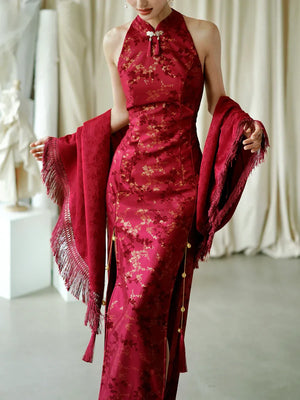 "Jubilee Bell" Red Cheongsam Shawl Bridal Toast Engagement Dress - Yandan_Hanfu