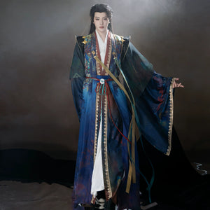 Blue robe ensemble with gold-tone trim and waist belt