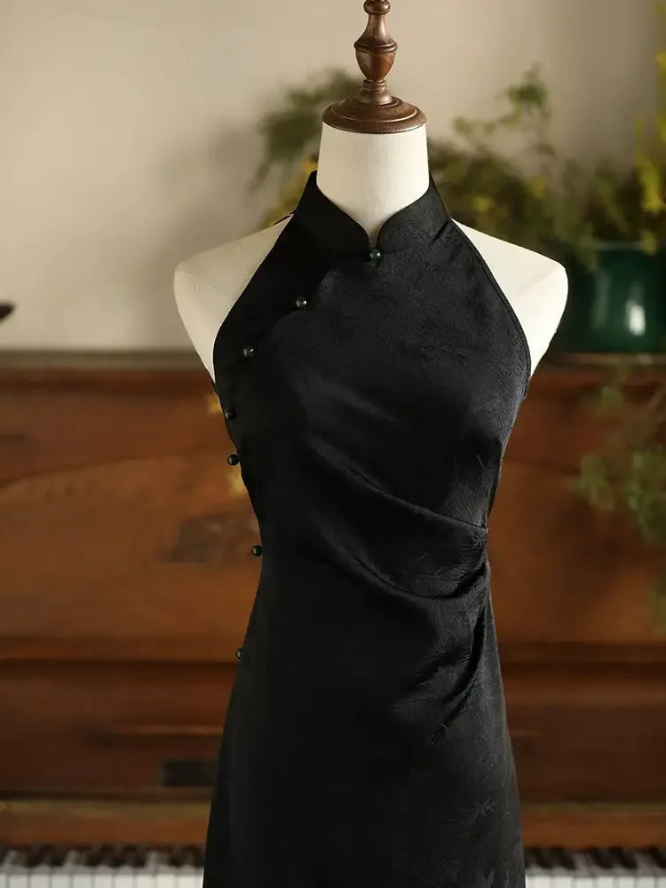 Black Qipao Dress – New Chinese Style Plus Size Vintage-Inspired Elegant Daily Cheongsam for Women - Yandan_Hanfu