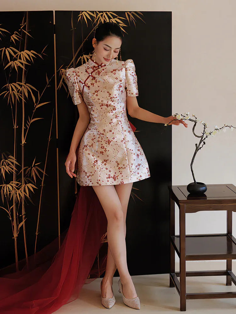 chinese dress short Little Meixue Short Bow Cheongsam Bridal Wedding Dress Red Bow trailing / S