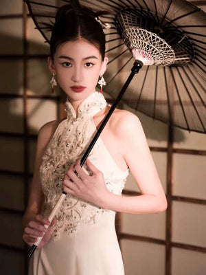 White Engagement Cheongsam Toast Bridal Dress - Yandan_Hanfu