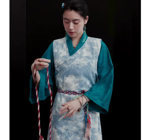 Ink-Dye V-Neck A-Line Dress – Modern Hanfu Silhouette with Tibetan-Inspired Details - Yandan_Hanfu