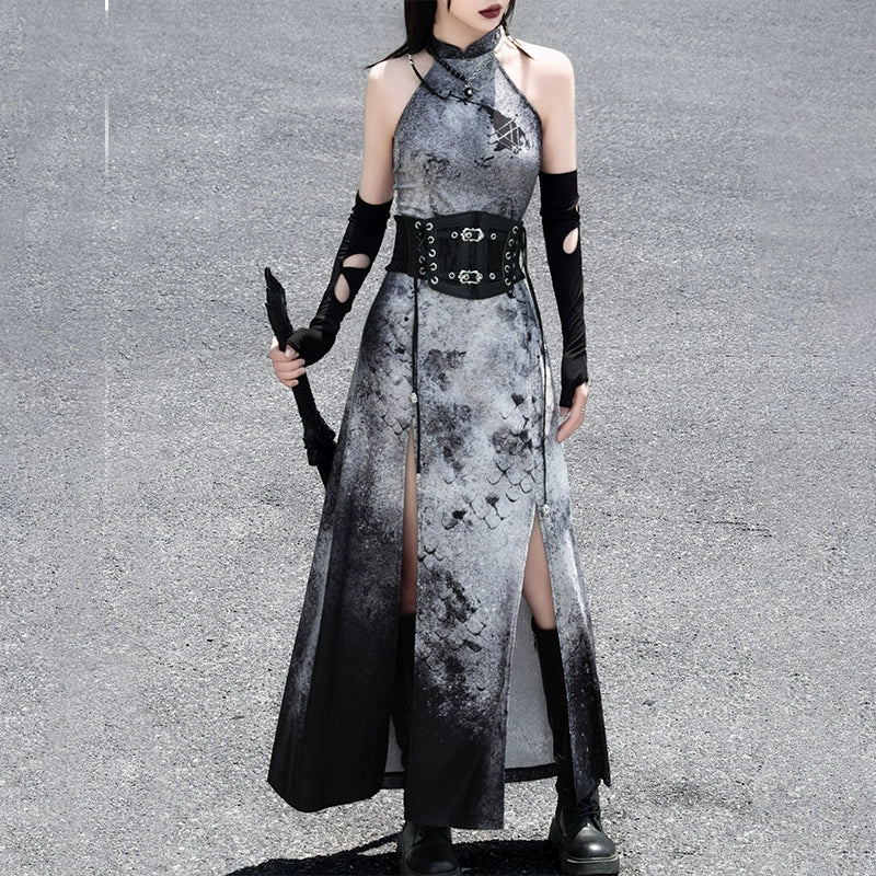 蛇魅 · Wasteland Gray Cheongsam – Split Hem, Off-Shoulder, New Chinese Style