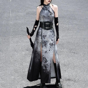 蛇魅 · Wasteland Gray Cheongsam – Split Hem, Off-Shoulder, New Chinese Style - Yandan_Hanfu