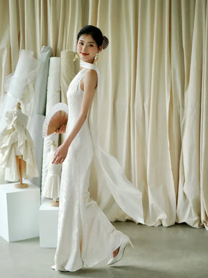 "Pianrou" White Jacquard Ribbon Morning Gown Knot Bridal Toast Dress Engagement Banquet Bar Mitzvah - Yandan_Hanfu