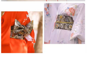 Traditional Japanese yukata belts with brocade bows in floral patterns, styled with red and white kimonos for cultural events and photography.