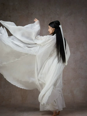 Graceful White Wide-Sleeve Chiffon Hanfu – Classical & Jazz Fusion Dance Dress - Yandan_Hanfu