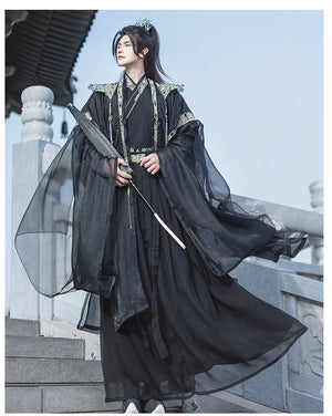 Cloud Collar Elegance – Unisex White Embroidered Modern Hanfu | Flowing Wide-Sleeve Wei-Jin Style Outfit - Yandan_Hanfu