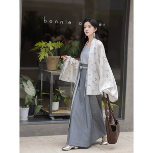 White Dew: Bamboo Shadows & Swallow Whispers – Jin-Style Hanfu Set | Tencel Pleated Robe with Rayon Camisole and Flowing Skirt - Yandan_Hanfu